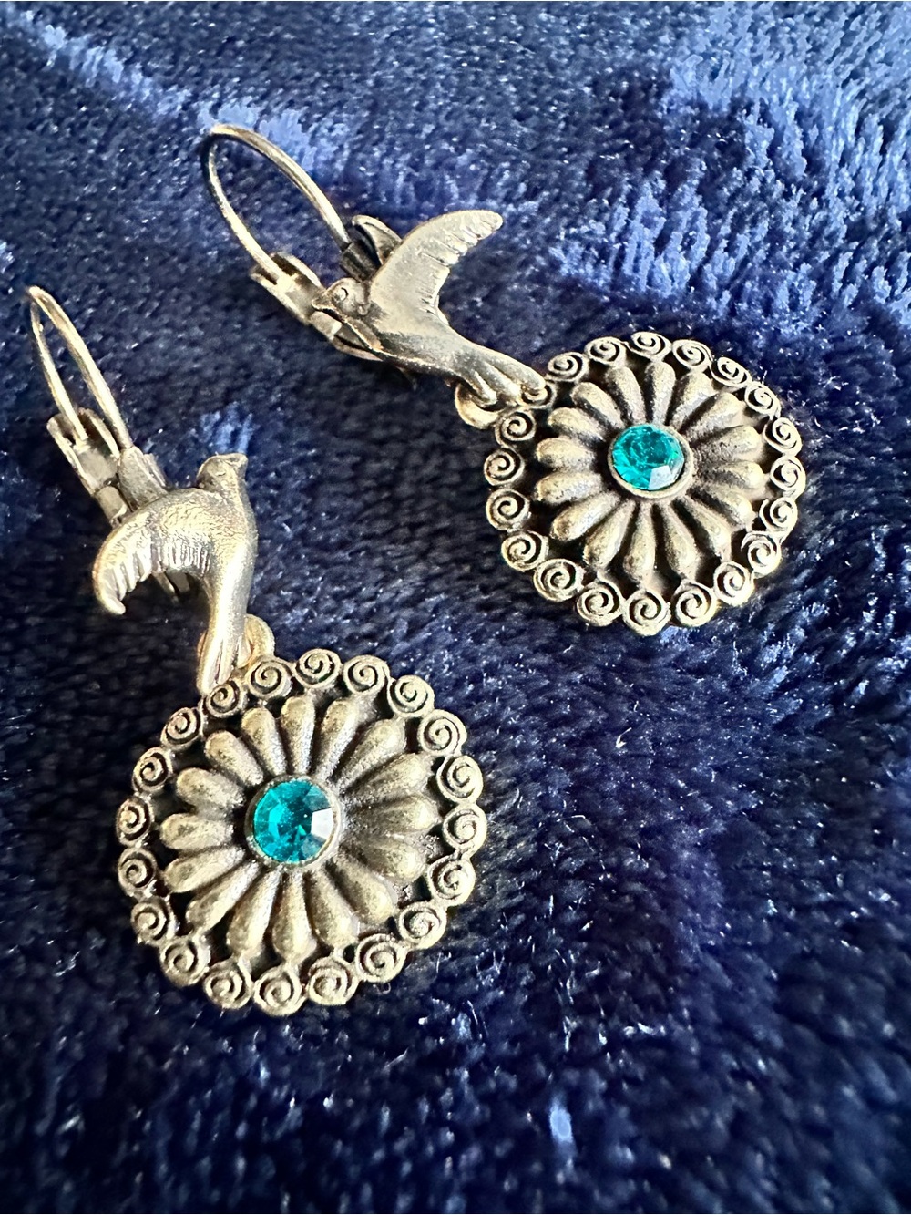 Vintage Vibe with bird and Floral Drop Earrings with Teal Crystal Accent